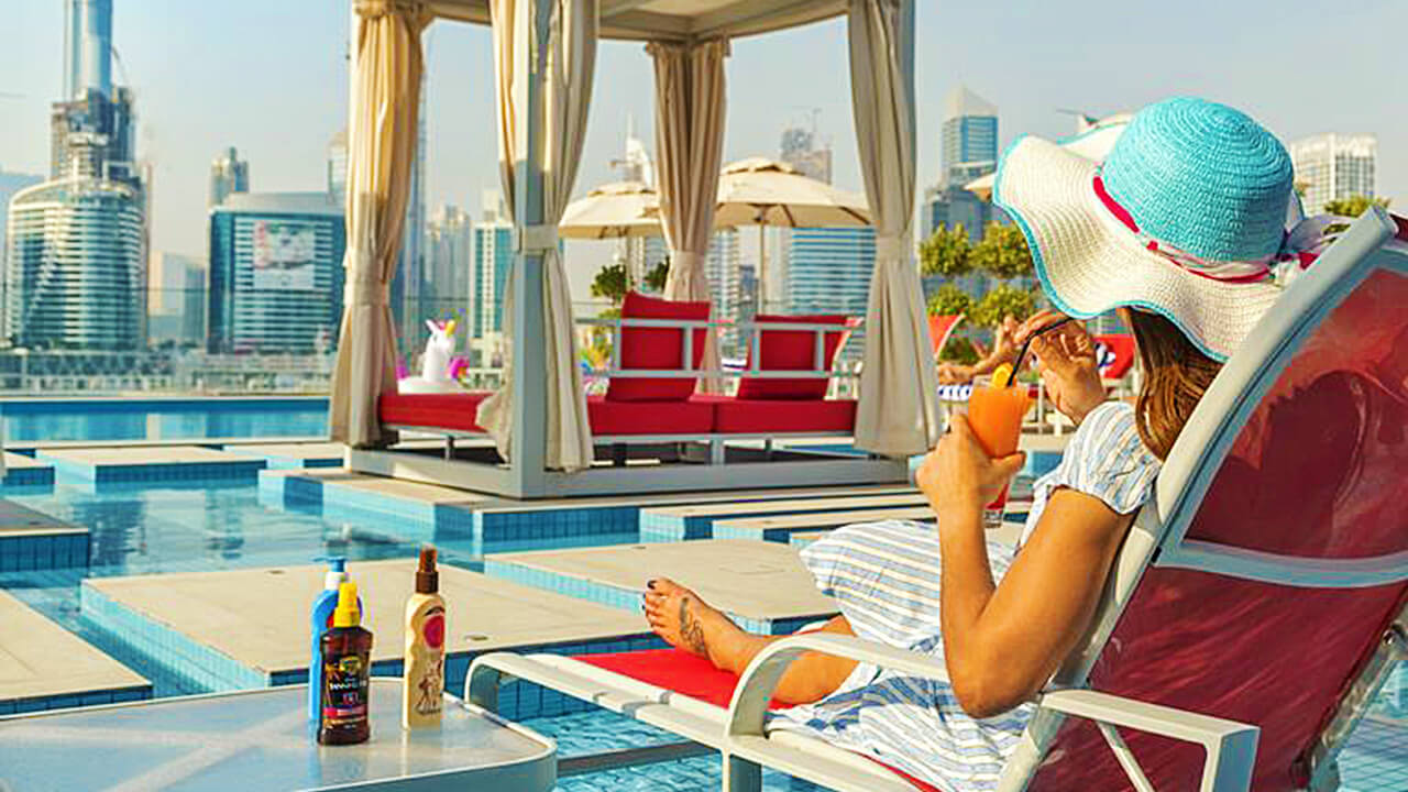 Swimming Pool relaxing area with Burj Khalifa View 