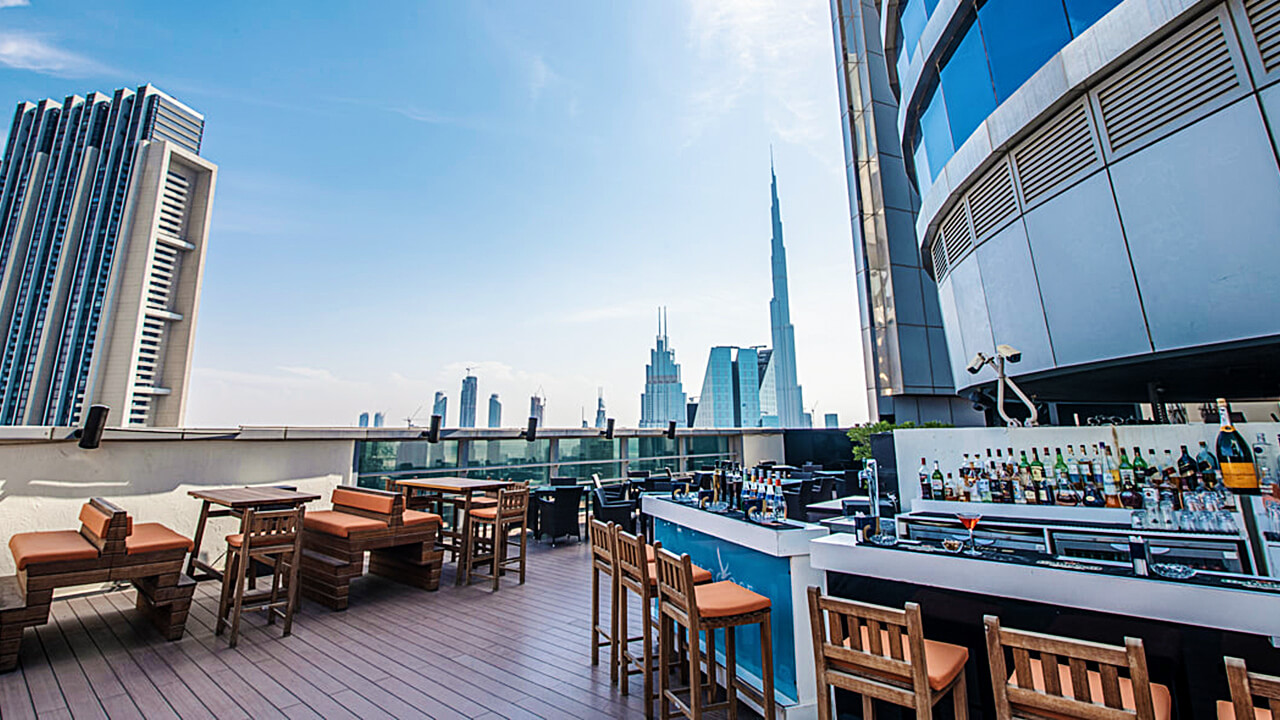 Zephyr Rooftop Outdoor Restaurant and Lounge with stunning views of Dubai and Burj Khalifa