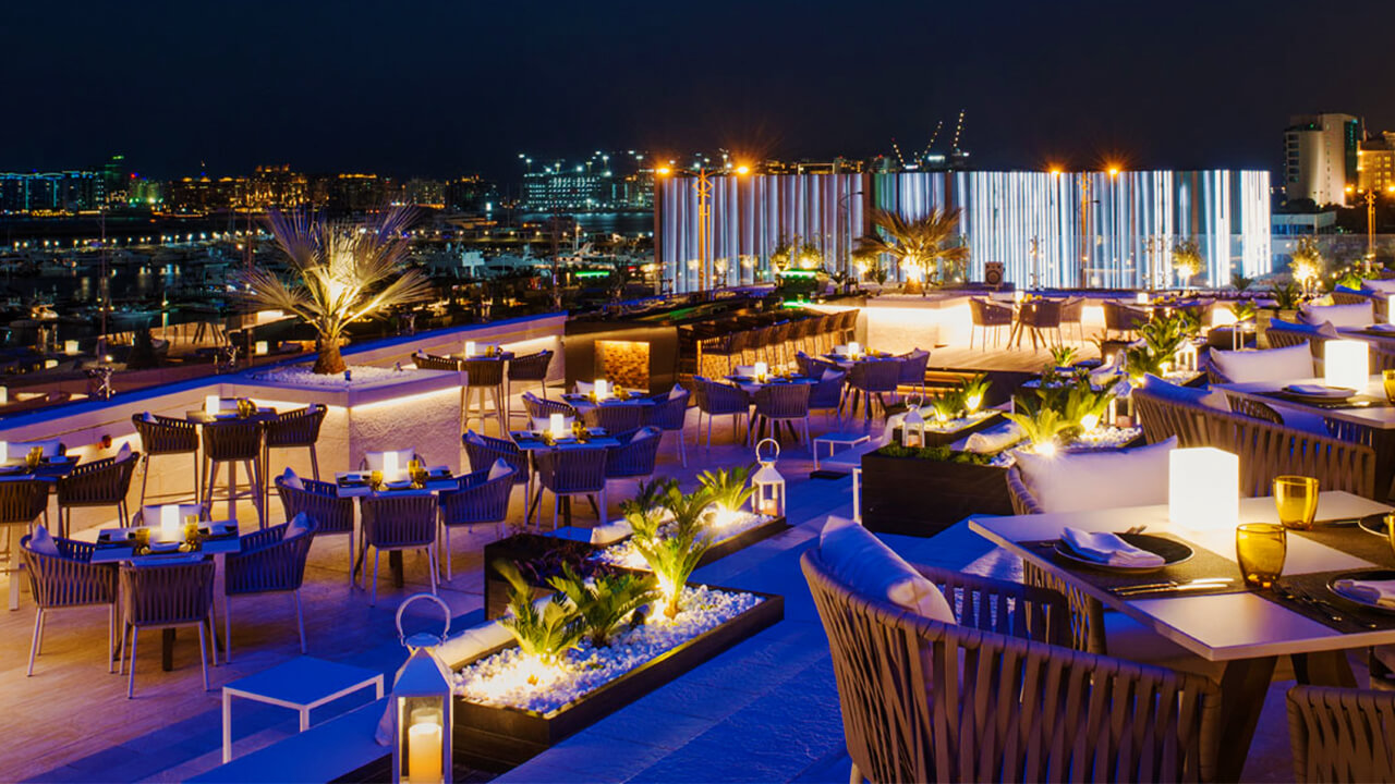 Siddharta Lounge by Buddha-Bar Restaurant views The Palm Jumeirah and Arabian Gulf.