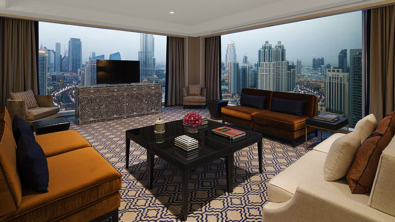 Living Area of one King Bed Luxury Suite with View Grand and Burj View