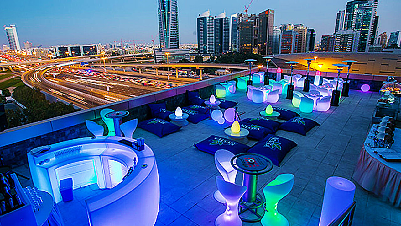 Pool bar with scenic views of Dubai skyline